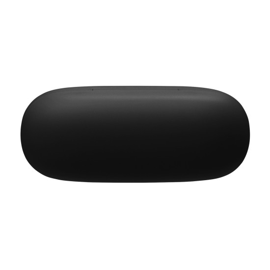 JBL Wave Beam 2 black wireless earbuds with active noise cancellation, shown in a closed carrying case against a white background