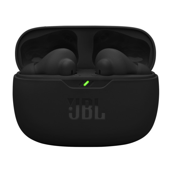 JBL Wave Beam 2 black wireless earbuds with active noise cancellation, shown in a closed carrying case against a white background
