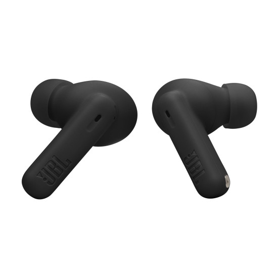 JBL Wave Beam 2 black wireless earbuds with active noise cancellation, shown in a closed carrying case against a white background