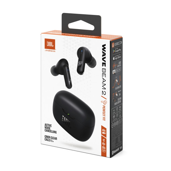JBL Wave Beam 2 black wireless earbuds with active noise cancellation, shown in a closed carrying case against a white background