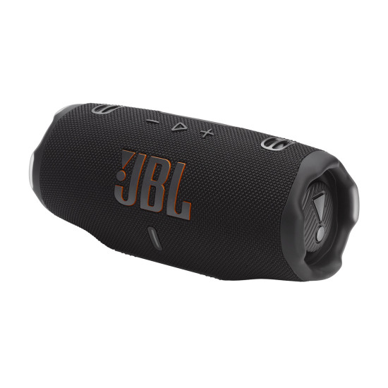 JBL Charge 6 Black Portable Speaker JBL Charge 6 Black portable speaker shown from the front, cylindrical design with black fabric grille and JBL branding