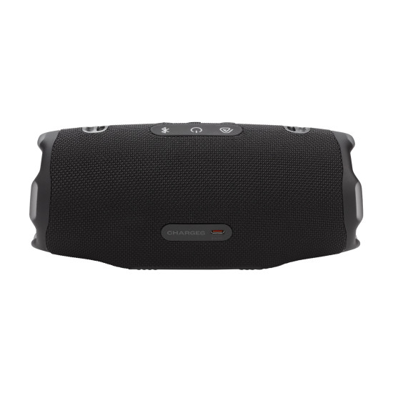 JBL Charge 6 Black Portable Speaker JBL Charge 6 Black portable speaker shown from the front, cylindrical design with black fabric grille and JBL branding