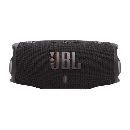 JBL Charge 6 Black Portable Speaker JBL Charge 6 Black portable speaker shown from the front, cylindrical design with black fabric grille and JBL branding