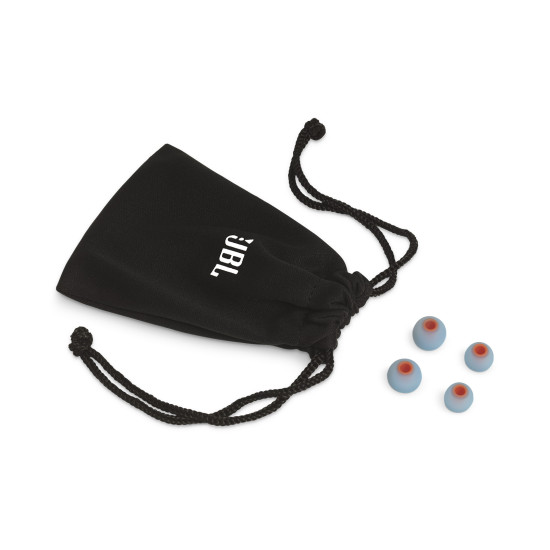 JBL Tune 210 in-ear earphones with metallic finish, 8.7mm drivers, and one-button remote on white background