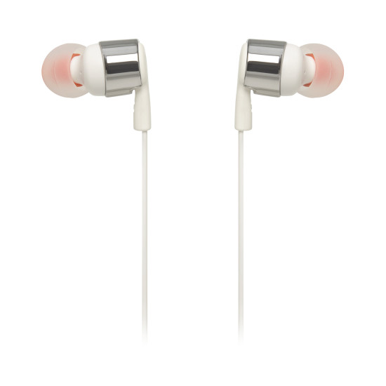 JBL Tune 210 in-ear earphones with metallic finish, 8.7mm drivers, and one-button remote on white background
