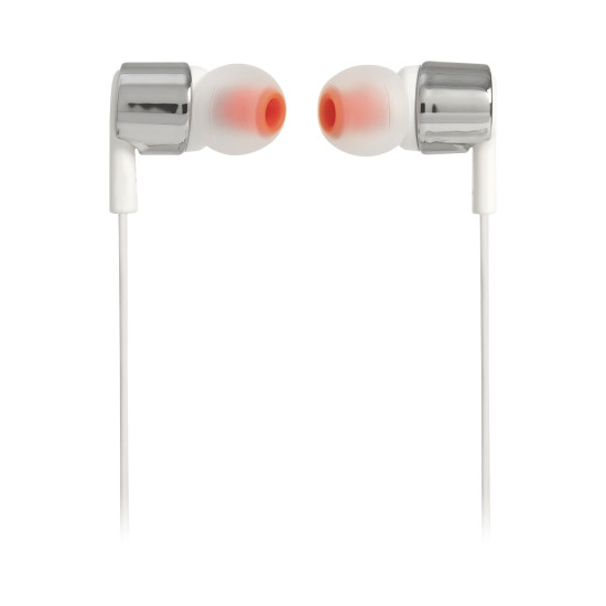 JBL Tune 210 in-ear earphones with metallic finish, 8.7mm drivers, and one-button remote on white background