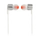 JBL Tune 210 in-ear earphones with metallic finish, 8.7mm drivers, and one-button remote on white background