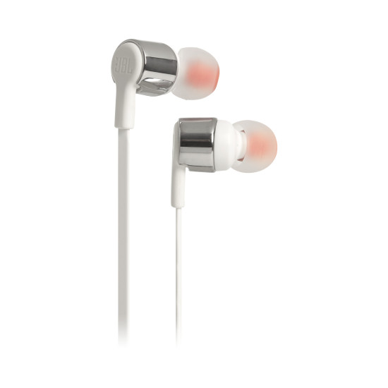 JBL Tune 210 in-ear earphones with metallic finish, 8.7mm drivers, and one-button remote on white background