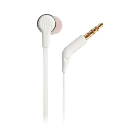 JBL Tune 210 in-ear earphones with metallic finish, 8.7mm drivers, and one-button remote on white background