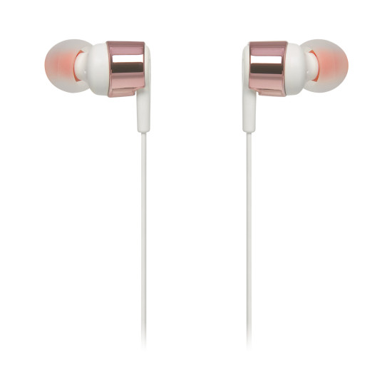 JBL Tune 210 Wired Headphones – Rose Gold JBL Tune 210 wired in-ear headphones in rose gold metallic finish with single-button remote and microphone on cable