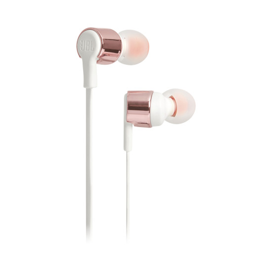 JBL Tune 210 Wired Headphones – Rose Gold JBL Tune 210 wired in-ear headphones in rose gold metallic finish with single-button remote and microphone on cable
