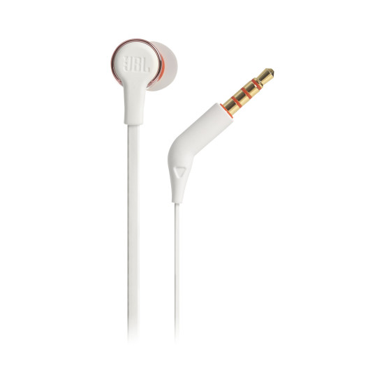JBL Tune 210 Wired Headphones – Rose Gold JBL Tune 210 wired in-ear headphones in rose gold metallic finish with single-button remote and microphone on cable