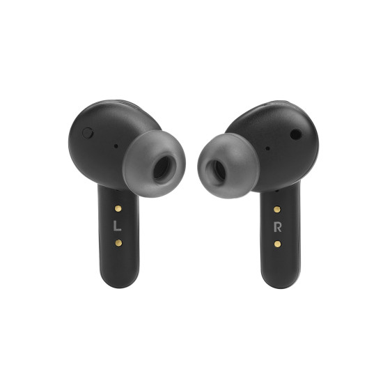 JBL Quantum TWS Black truly wireless headphones with USB-C charging case and dongle, shown in black finish
