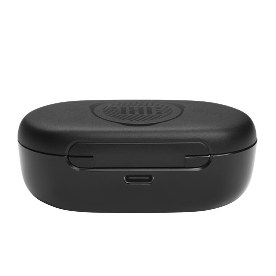 JBL Quantum TWS Black truly wireless headphones with USB-C charging case and dongle, shown in black finish