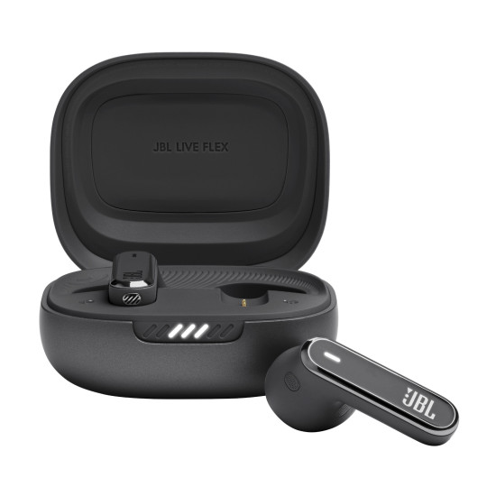 JBL Live Flex TWS Black true wireless earbuds with charging case, shown in black with IP54 rating and compact in-ear design