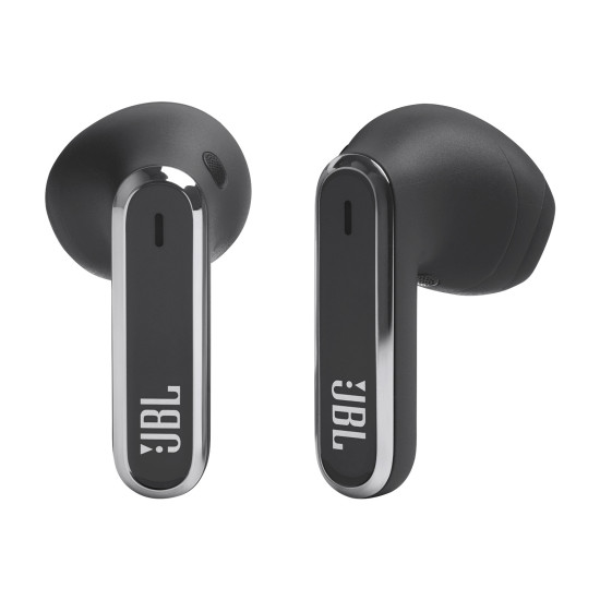 JBL Live Flex TWS Black true wireless earbuds with charging case, shown in black with IP54 rating and compact in-ear design