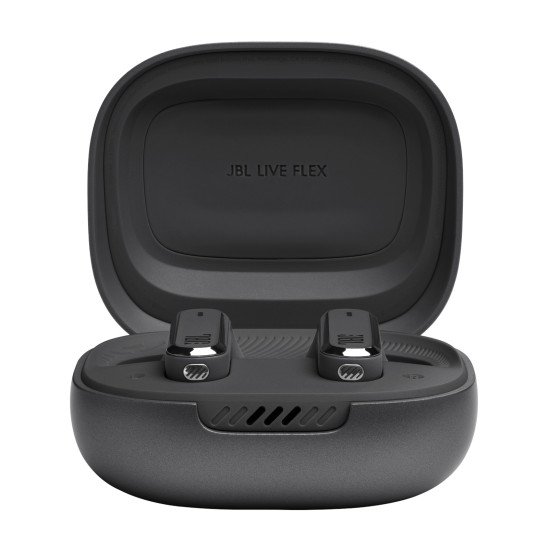 JBL Live Flex TWS Black true wireless earbuds with charging case, shown in black with IP54 rating and compact in-ear design