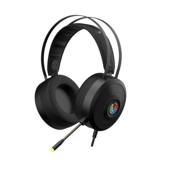 UVI Wrath 7.1 V2 over-ear gaming headphones with RGB lighting and dedicated inline controller on white background