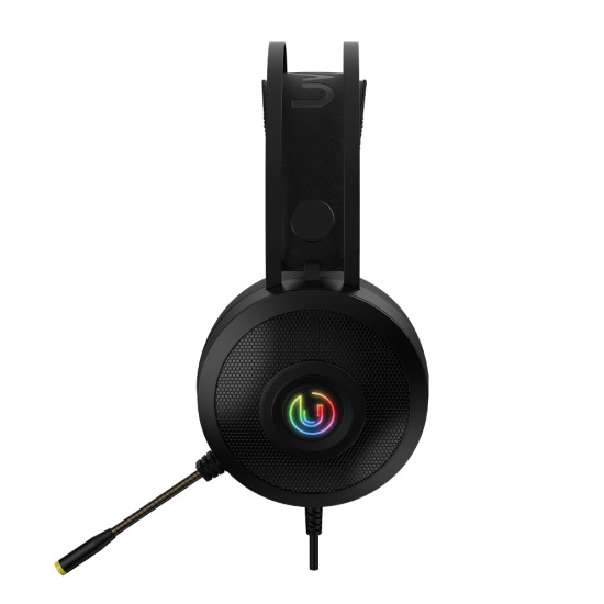 UVI Wrath 7.1 V2 over-ear gaming headphones with RGB lighting and dedicated inline controller on white background