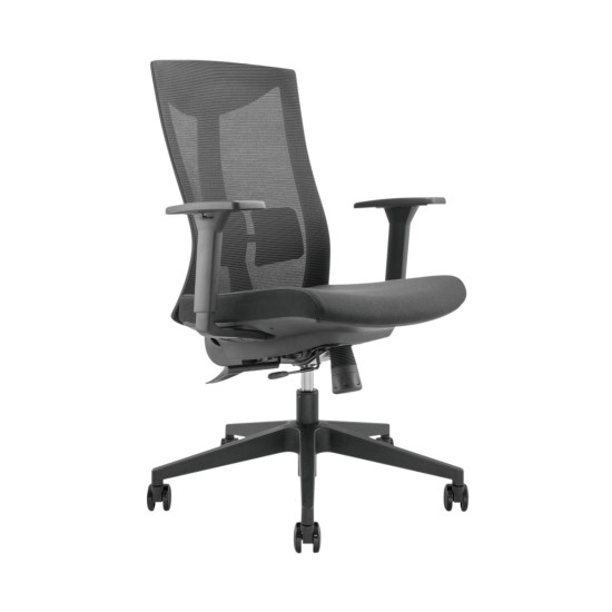 UVI CHAIR Energetic office chair with mesh backrest, height adjustment lever, and tilt control knob, shown in a home or office setting