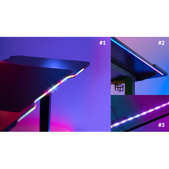 UVI Desk Breacher black RGB gaming desk 136x60 cm with RGB strip lighting mounted on the underside of the desk surface