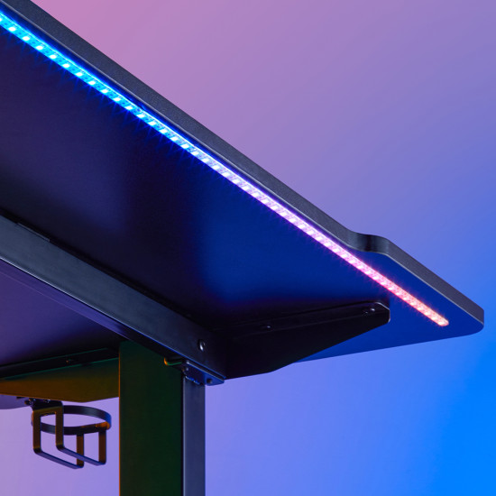 UVI Desk Breacher black RGB gaming desk 136x60 cm with RGB strip lighting mounted on the underside of the desk surface
