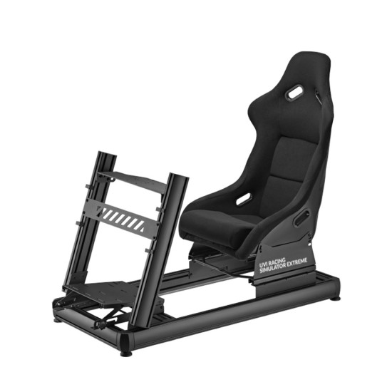 UVI Racing SIM Extreme Sim Racing Cockpit UVI Racing SIM Extreme racing simulator with aluminium frame, adjustable fiberglass seat, and tiltable steering wheel and pedal panels
