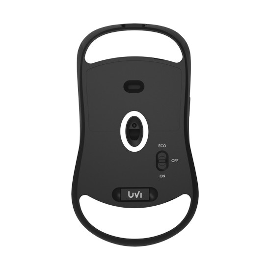 UVI ANT Wireless gaming mouse in black, side profile showing ergonomic shape, scroll wheel, and side buttons