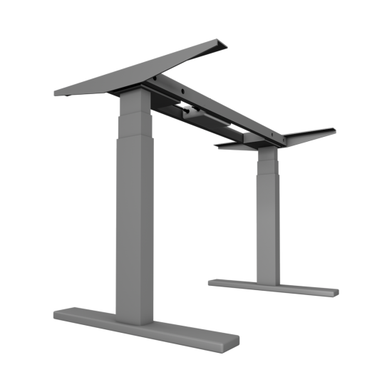 UVI Desk sit/stand frame in grey with natural oak table top, assembled as a height-adjustable standing desk with LED touch controller