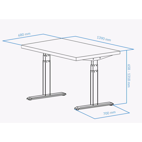 UVI Desk sit-stand workstation with black motorised frame and natural oak desktop surface, height-adjustable from 62 to 128 cm