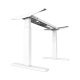 UVI Desk sit/stand frame in white with natural oak tabletop, full desk setup showing LED touch controller on the surface