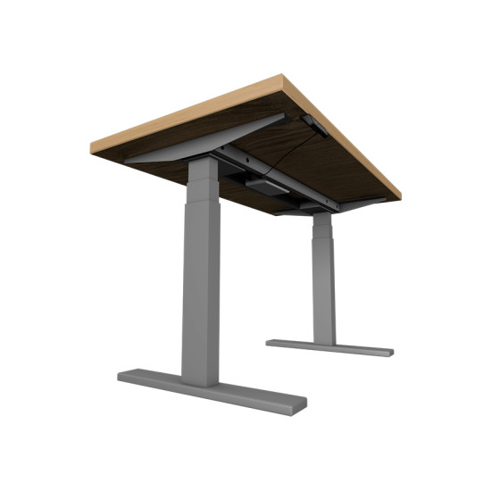 UVI Desk sit/stand frame in grey with natural oak table top, assembled as a height-adjustable standing desk with LED touch controller