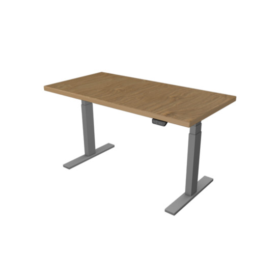 UVI Desk sit/stand frame in grey with natural oak table top, assembled as a height-adjustable standing desk with LED touch controller