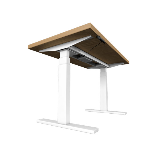 UVI Desk sit/stand frame in white with natural oak tabletop, full desk setup showing LED touch controller on the surface