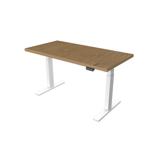 UVI Desk sit/stand frame in white with natural oak tabletop, full desk setup showing LED touch controller on the surface