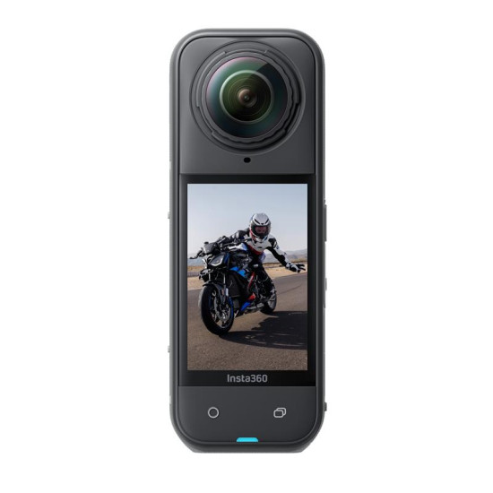 Insta360 X5 BMW Motorrad Edition Camera Insta360 X5 BMW Motorrad Edition action camera with exclusive mini remote control and ultra battery, shown in black and blue branding