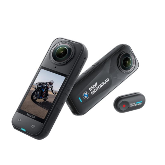 Insta360 X5 BMW Motorrad Edition Camera Insta360 X5 BMW Motorrad Edition action camera with exclusive mini remote control and ultra battery, shown in black and blue branding