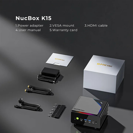 GMKtec K15 Core Ultra 5 125U 16GB + 1TB Win 11 Pro GMKtec K15 Mini PC with Intel Core Ultra 5 125U, compact black desktop unit with front-facing USB and power ports
