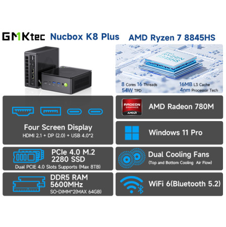 GMKtec K8 Mini PC with AMD Ryzen 7 8845HS, 32GB DDR5 RAM and 1TB NVMe SSD, compact black desktop form factor