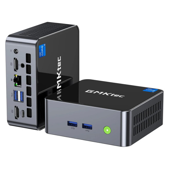 GMKtec M2 PRO mini PC with Intel Core i7-1185G7, compact black desktop unit, front and side view