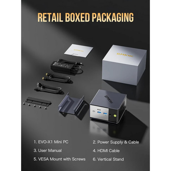 GMKtec EVO-X1 Ryzen AI 9 HX 370 32GB 1TB Win 11 Pro GMKtec EVO-X1 compact mini PC with AMD Ryzen AI 9 HX 370, black chassis, front and rear port view