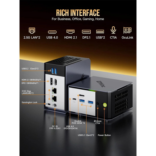 GMKtec EVO-X1 Ryzen AI 9 HX 370 32GB 1TB Win 11 Pro GMKtec EVO-X1 compact mini PC with AMD Ryzen AI 9 HX 370, black chassis, front and rear port view