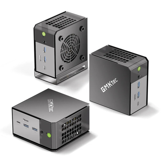 GMKtec EVO-X1 Ryzen AI 9 HX 370 32GB 1TB Win 11 Pro GMKtec EVO-X1 compact mini PC with AMD Ryzen AI 9 HX 370, black chassis, front and rear port view