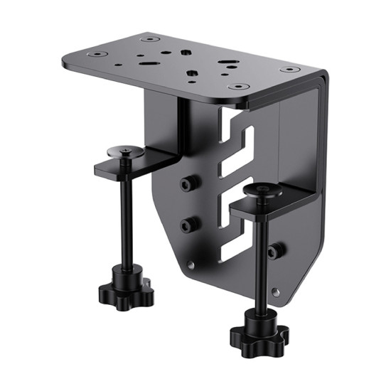 MOZA AS004 steel desk clamps for AB9 wheelbase, showing adjustable C-mount holders for top and under-desk mounting