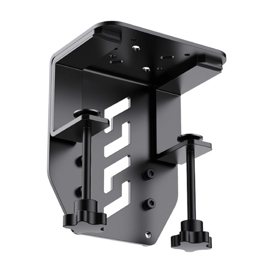 MOZA AS004 steel desk clamps for AB9 wheelbase, showing adjustable C-mount holders for top and under-desk mounting