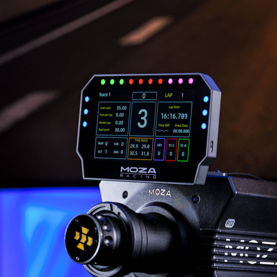 MOZA Racing CM2 RS072 sim racing display with 5-inch HD touchscreen, shift LEDs and flag indicators on white background