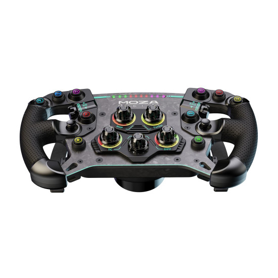 MOZA Racing GS V2P RS056 Steering Wheel MOZA Racing GS V2P RS056 steering wheel showing forged carbon fibre frame, microfibre leather grips, RGB gear indicator, and magnetic clutch paddles