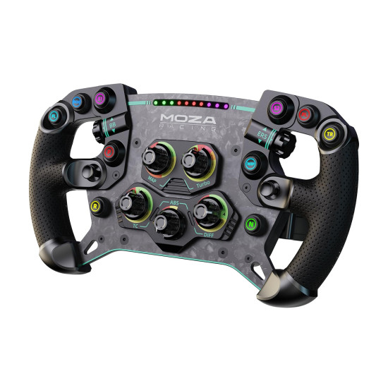 MOZA Racing GS V2P RS056 Steering Wheel MOZA Racing GS V2P RS056 steering wheel showing forged carbon fibre frame, microfibre leather grips, RGB gear indicator, and magnetic clutch paddles