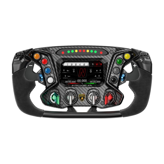 MOZA RS070 Lamborghini Essenza SCV12 sim-racing volan, črn z rumenim logotipom Lamborghini, pogled od spredaj