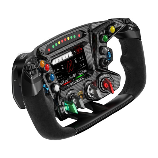 MOZA RS070 Lamborghini Essenza SCV12 sim-racing volan, črn z rumenim logotipom Lamborghini, pogled od spredaj